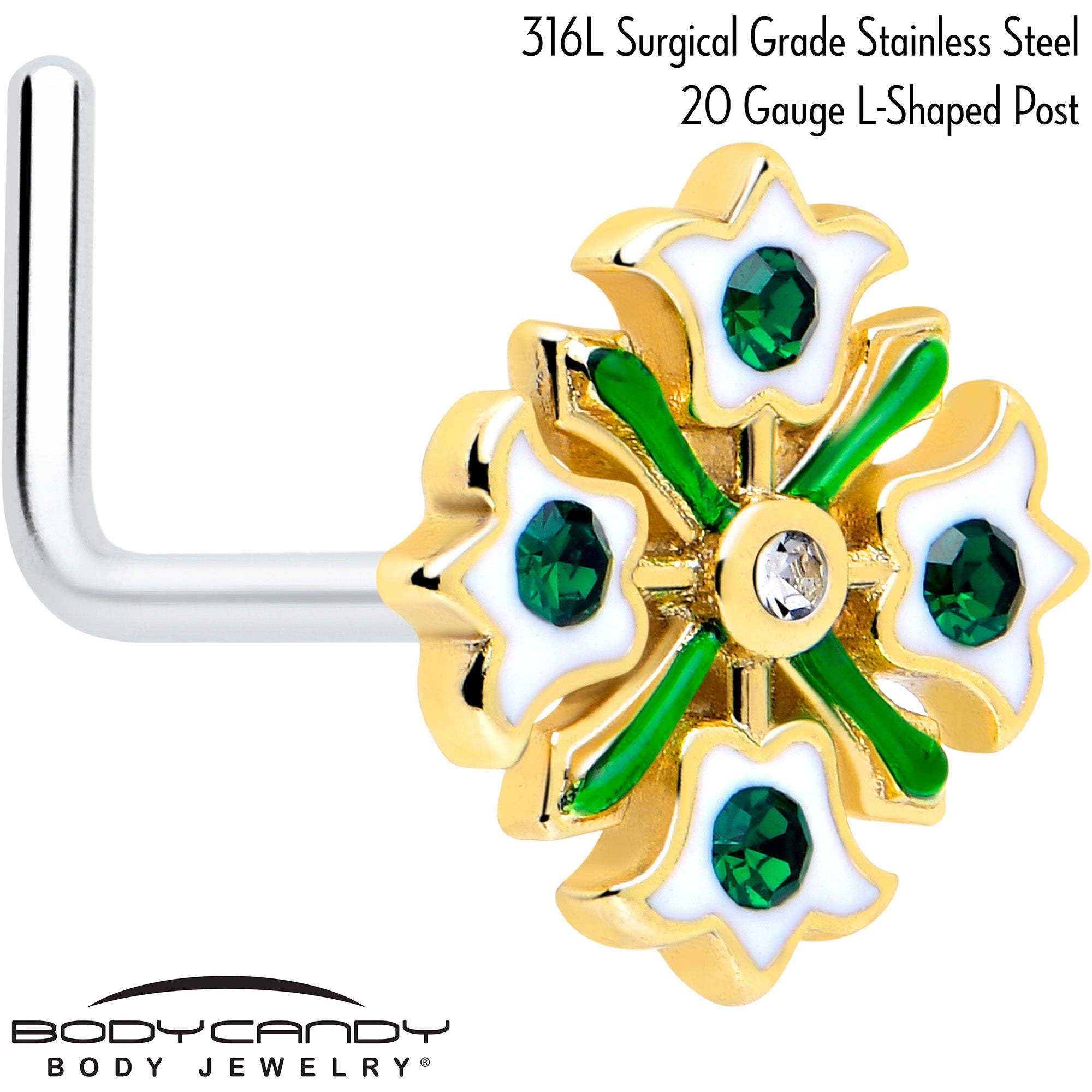 20G 7mm Green Gem Flower Wreath L Shape Nose Ring