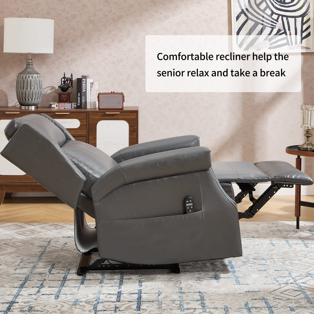 Grey Manual Recliner Chair in Faux Leather for Living Room with Heavy Duty Motion Mechanism, 8 vibrating nodes and 3 massage modes.