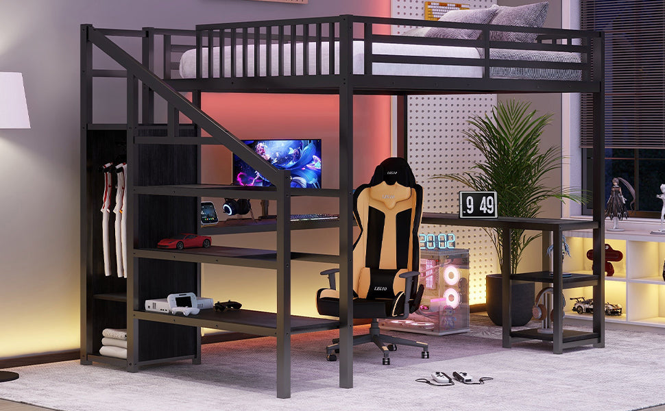 Metal Queen Loft Bed with Wardrobe and LED Light, Queen Size Loft Bed with L Shaped Desk and USB for Kids Teens Adults, Black(Old SKU W2593S00033)