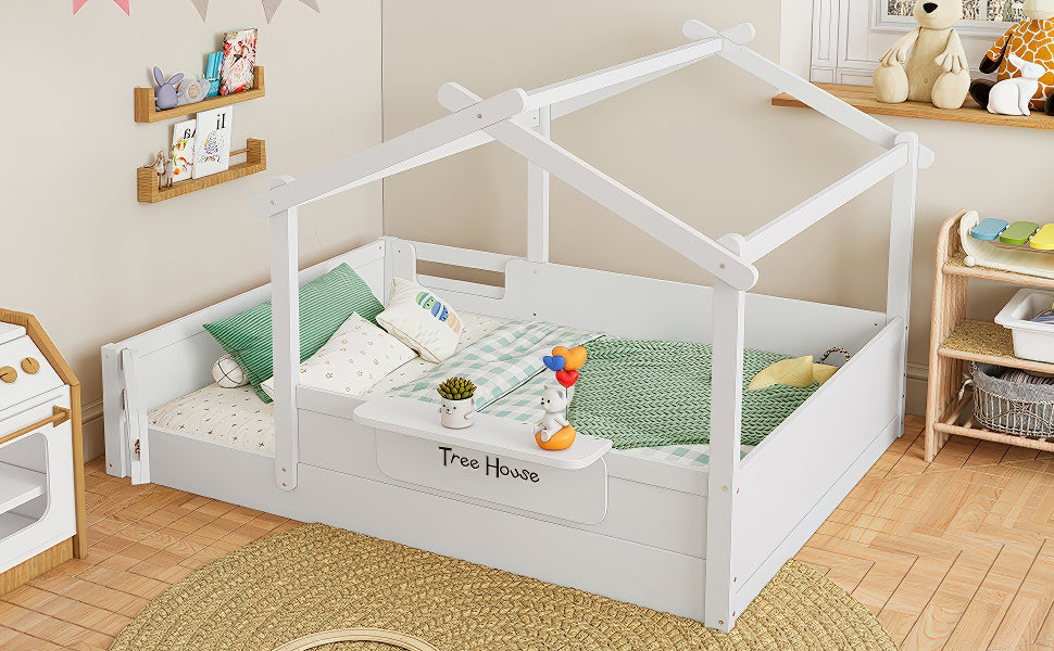Full Size Floor Bed with Guardrails and Roof, Kids House Floor Bed with a Small Built-in Tray and Free-installed Signboard, Childlike Design, White