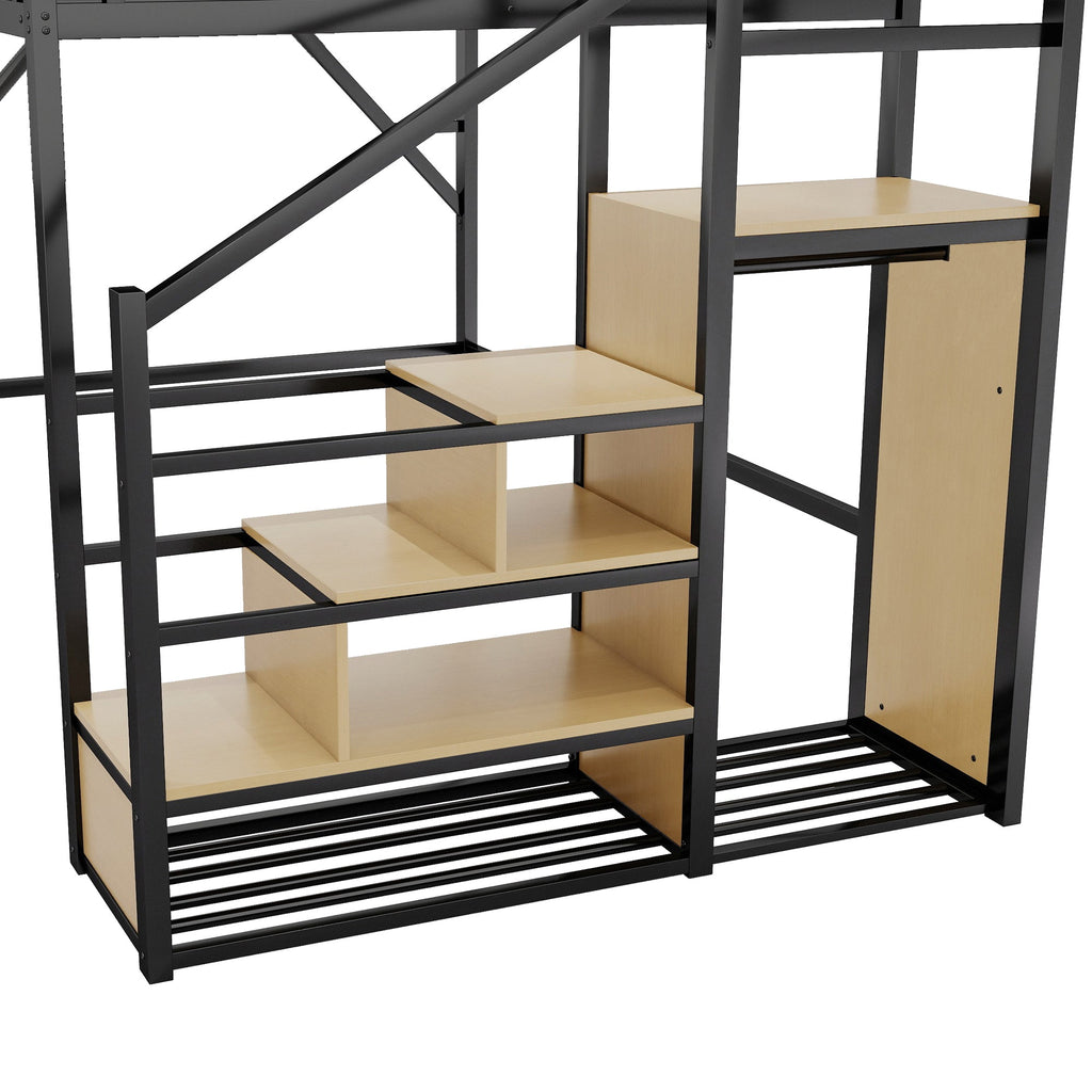 Queen Size Loft Bed with Stairs, Metal Queen Loft Bed with Storage Shelves, High Loft Bed with Wardrobe for Kids Teens Adults, Black(Old SKU W2580S00026 ) Patent Products