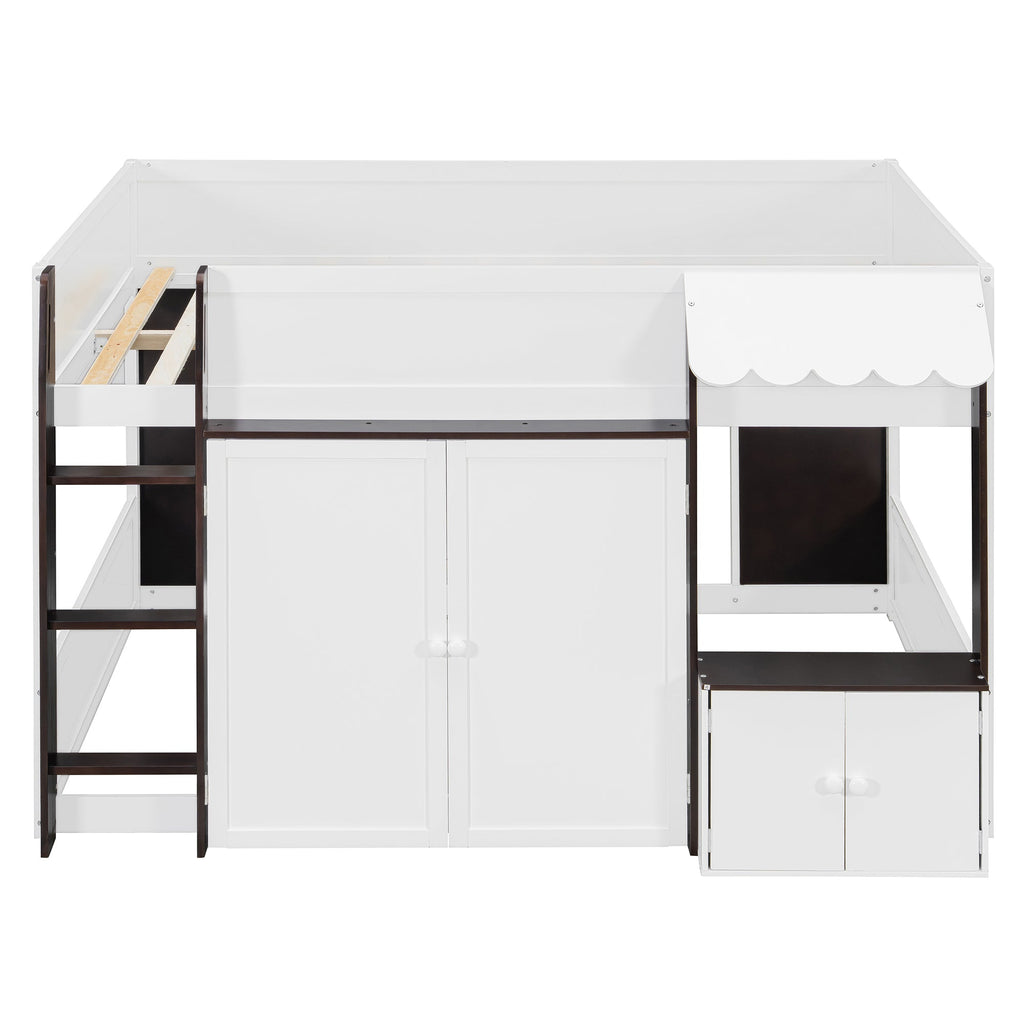 Full Loft House Bed with Playhouse & Storage, Modern Wood Cabin Bed for Kids/Teens, White+Espresso