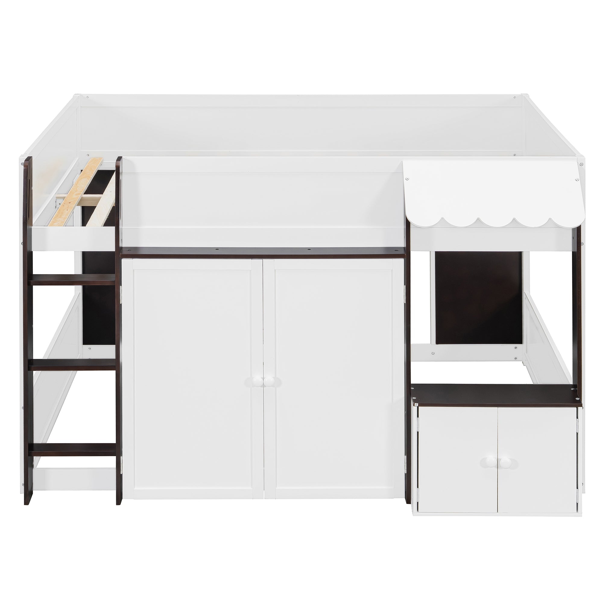 Full Loft House Bed with Playhouse & Storage, Modern Wood Cabin Bed for Kids/Teens, White+Espresso