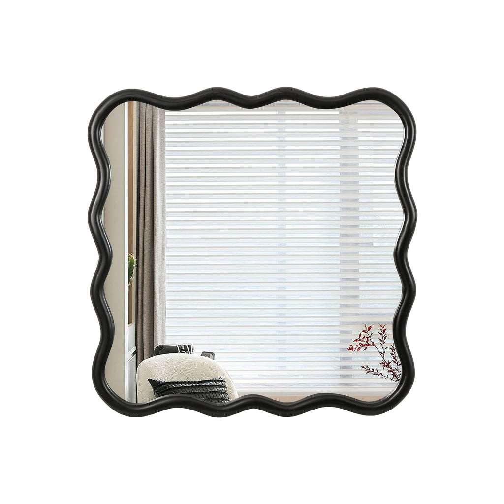 Solid Wood Wavy Square Mirror-Black 36' x 36' Modern Mirror Wall Decor for Bathroom, Bedroom, Living Room, Dining Room, Cloakroom, Entryway
