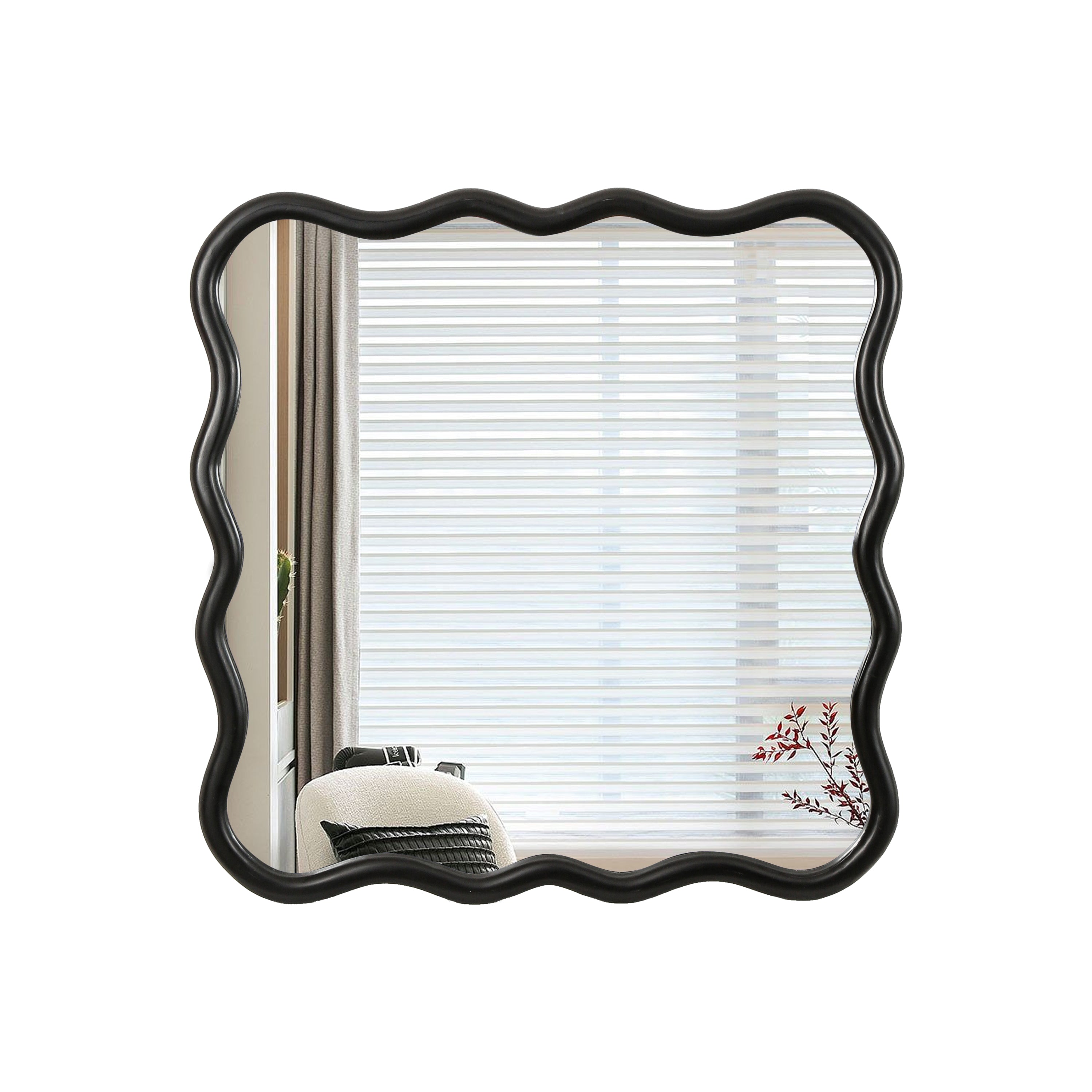 Solid Wood Wavy Square Mirror-Black 36' x 36' Modern Mirror Wall Decor for Bathroom, Bedroom, Living Room, Dining Room, Cloakroom, Entryway
