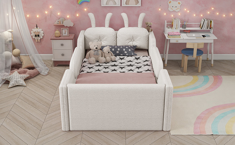 Twin Size Upholstered Platform Bed with Rabbit Cushion, Kids Floor Upholstered Bed with Removable Side Rails, White(Expect Arrival Date 2025/1/15)