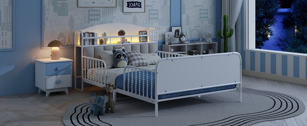 Full Size Metal Platform Bed Frame with Light, Kids Full Metal Bed with Upholstered and Storage Headboard, White (Expect Arrival Date 2025/10/5)
