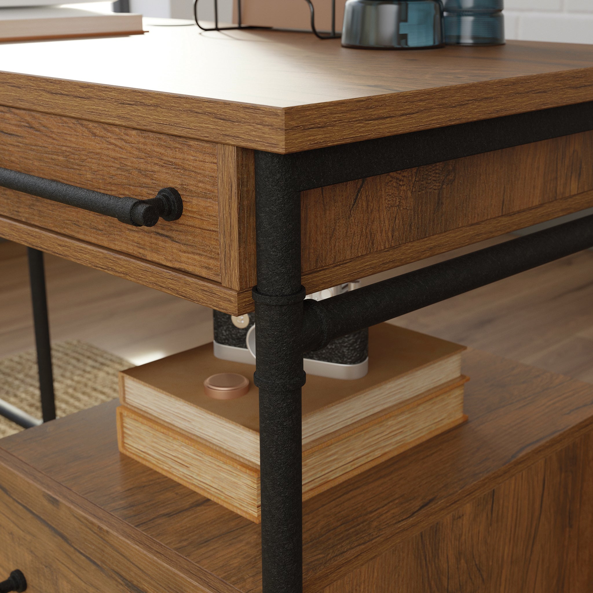 L-Shaped Desk, Brown finish