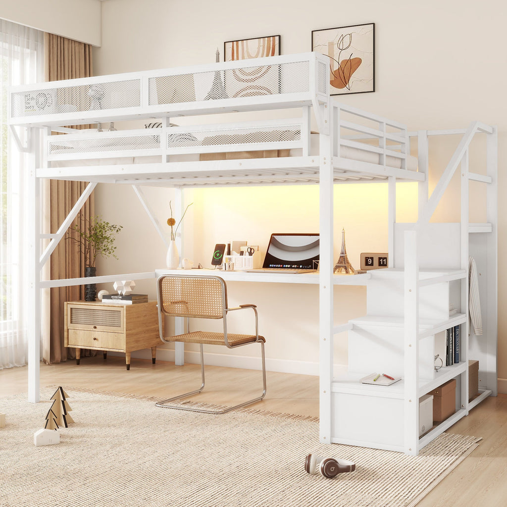 Queen Loft Bed with Desk and Charging Station, Queen Size Metal Loft Bed with Stairs and Light for Kids Teens,White(Old SKU W2580S00033)