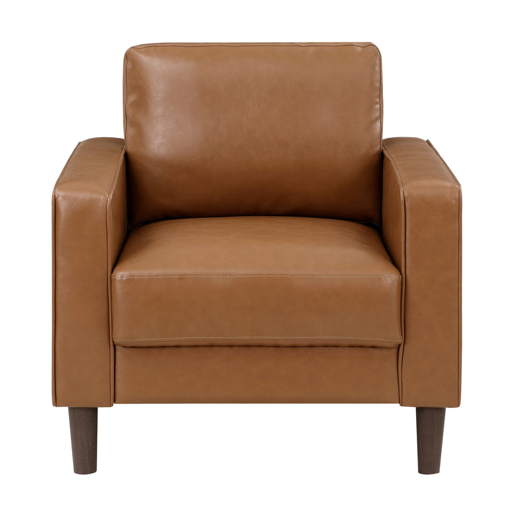 Modern Living Room Furniture 3pc Set Sofa Loveseat Chair Brown Faux Leather Upholstered Cushion Back Seat Solid Wood