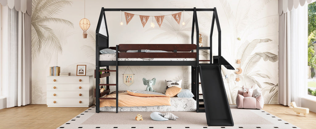 Twin Size Loft Bed with Bookshelf Playful Design for Kids House-Shaped Structure with Slide High-Quality Safety Rails,Beige/Natural /Black