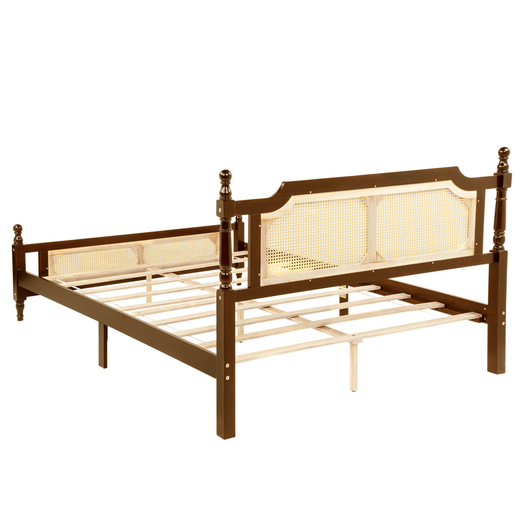 Queen Pine wooden Bed with Rattan Headboard  and Footboard, with  Central Enhanced Bed Platform,Walnut