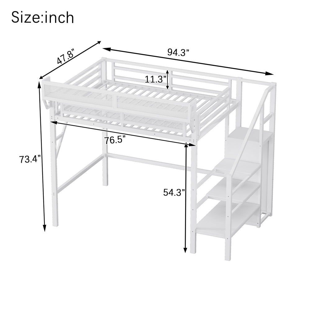 Twin Size Loft Bed with Stairs, Metal Full Loft Bed with Storage Shelves, High Loft Bed with Wardrobe for Kids Teens,White(Expect Arrival Date 2025/9/22)