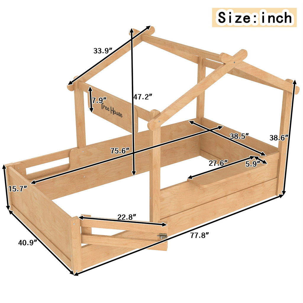 Twin Size Floor Bed with Guardrails and Roof, Kids House Floor Bed with a Small Built-in Tray and Free-installed Signboard, Childlike Design, Natural