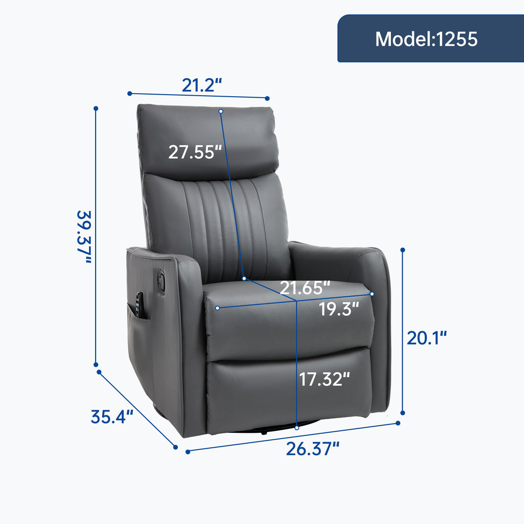 Grey Faux Leather Heat Massage Manual Recliner Chair with Rocker and Swivel for Living Room