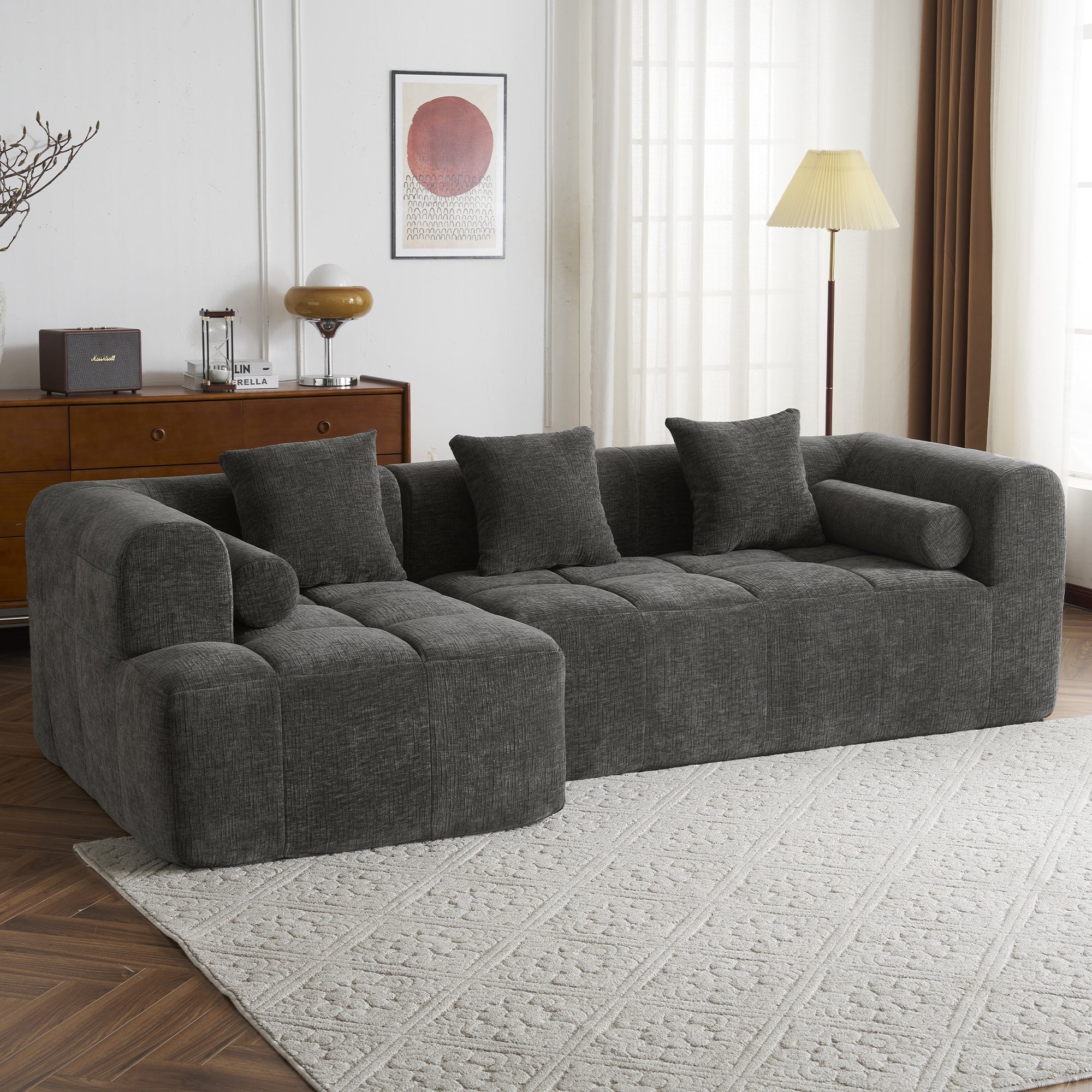 Modern Grey Modular Sectional Sofa with Deep Seating and Side Pockets in Chenille Fabric