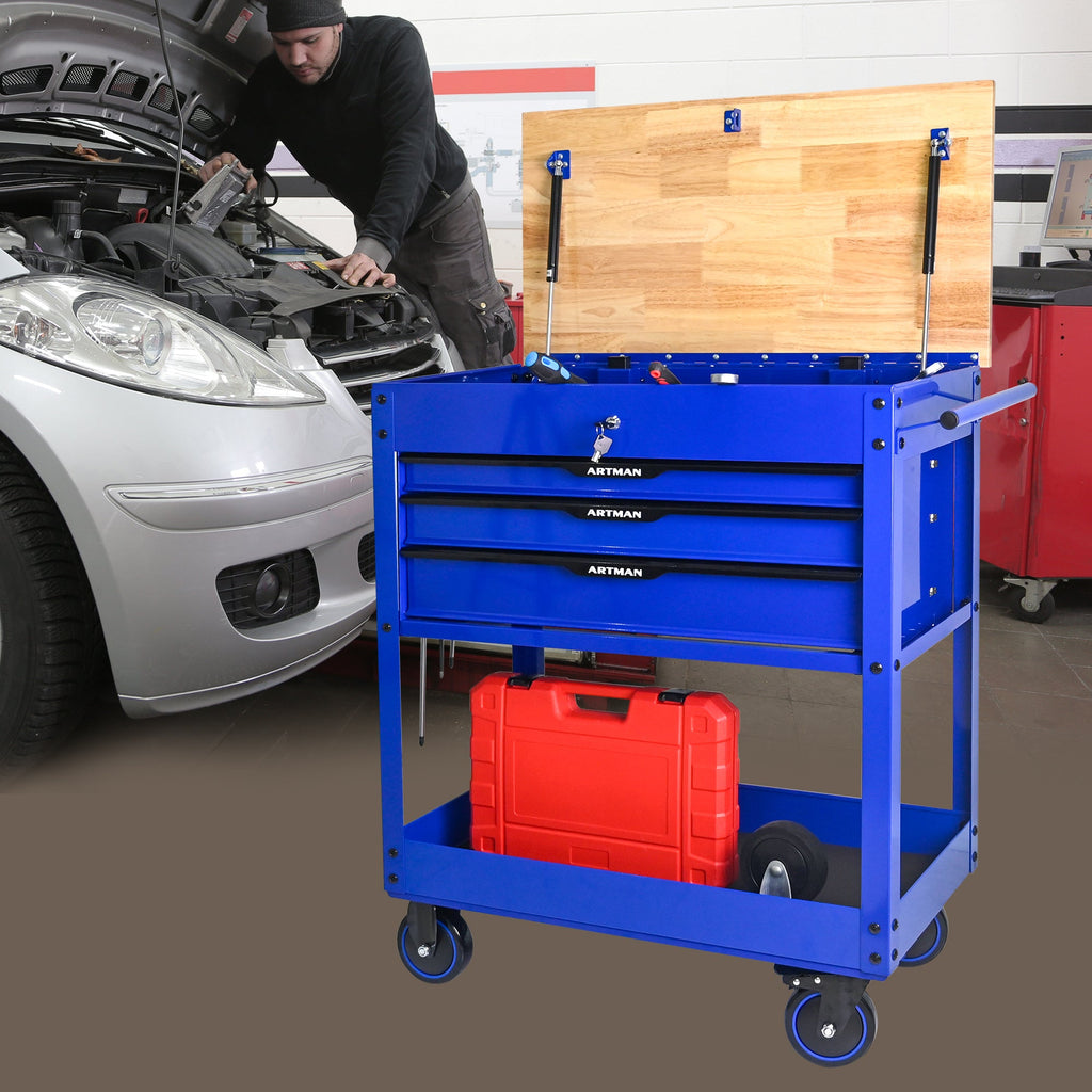 3 DRAWERS MULTIFUNCTIONAL TOOL CART WITH WHEELS AND WOODEN TOP-Blue