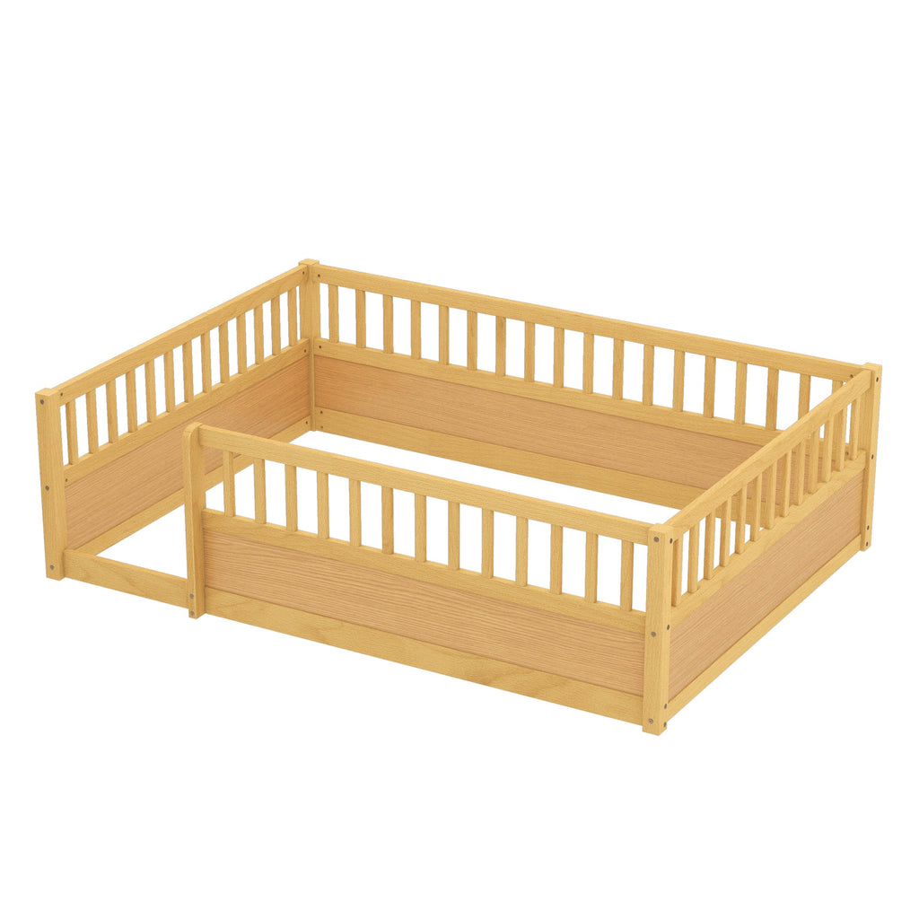 Full Floor Bed Frame with Fence, Montessori wooden children's floor bed,Wood Kids Floor Beds Frame for Bedroom Playroom,Natural