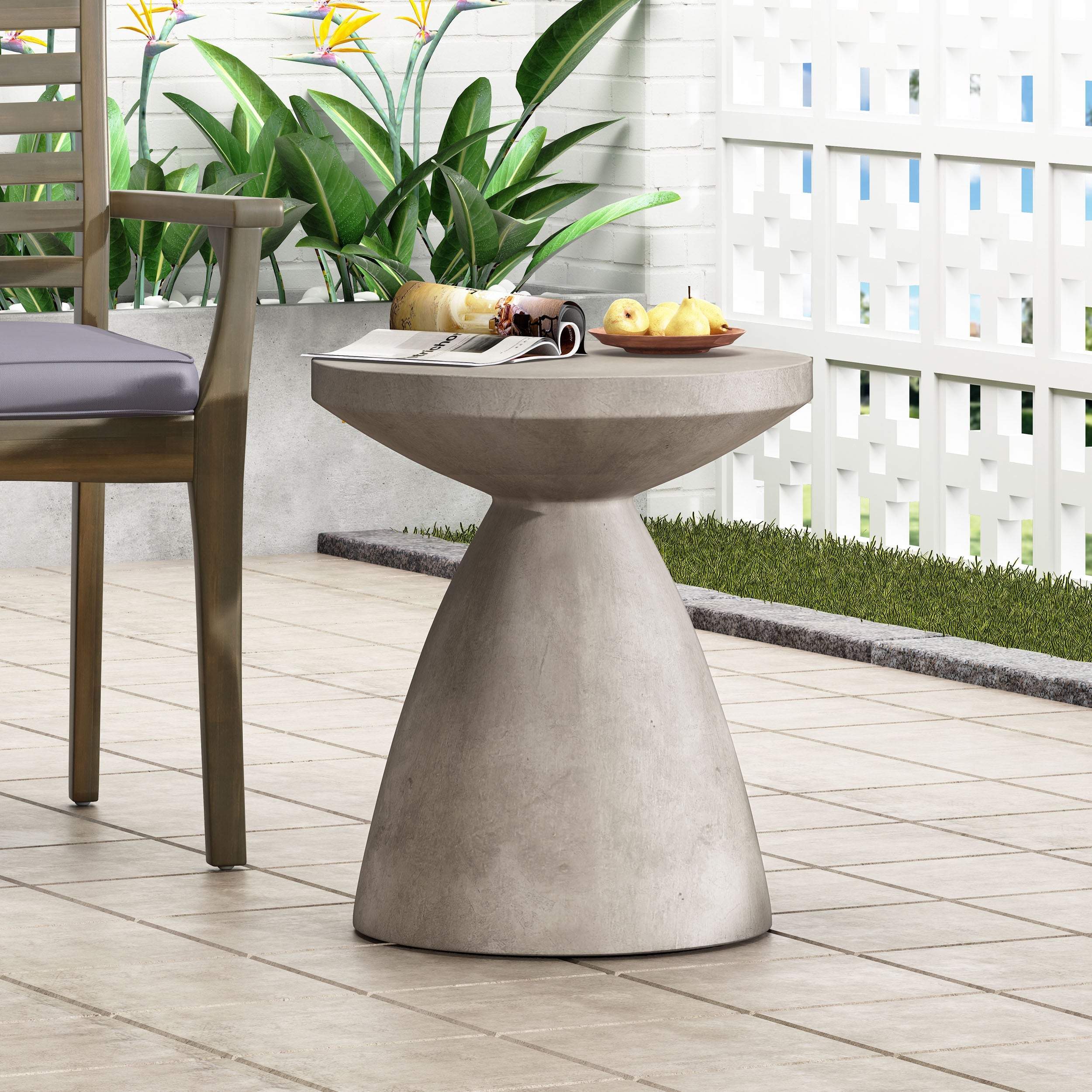 Modern Outdoor Lightweight Concrete Side Table with Hourglass Design in Natural Magnesium Oxide, 18x18x20.25 inches