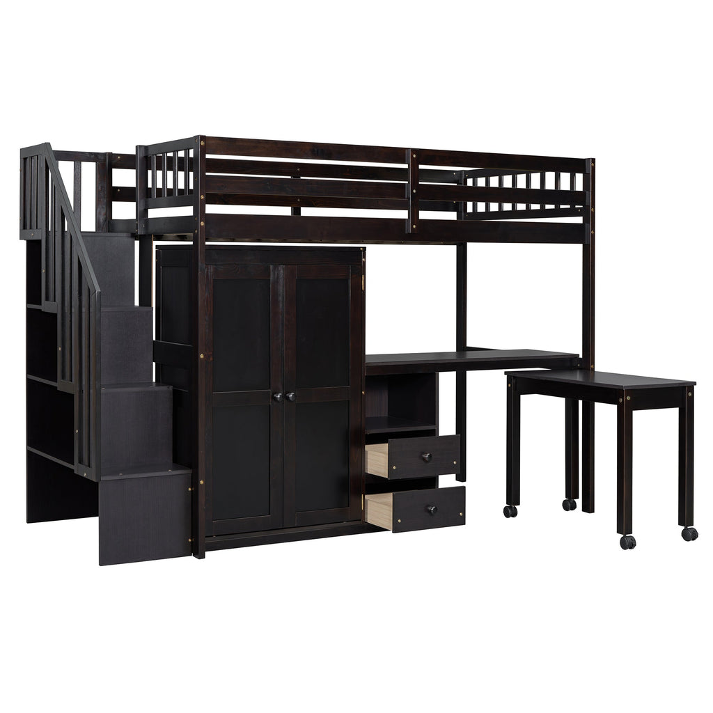 Twin Size Loft Bed with Stairs, Bookshelf, Drawers, Desk & Wardrobe – Space-Saving Multifunctional Furniture for Kids & Teens-Espresso