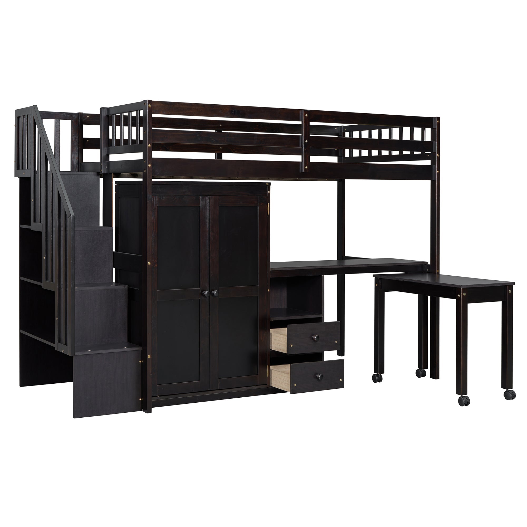 Twin Size Loft Bed with Stairs, Bookshelf, Drawers, Desk & Wardrobe – Space-Saving Multifunctional Furniture for Kids & Teens-Espresso