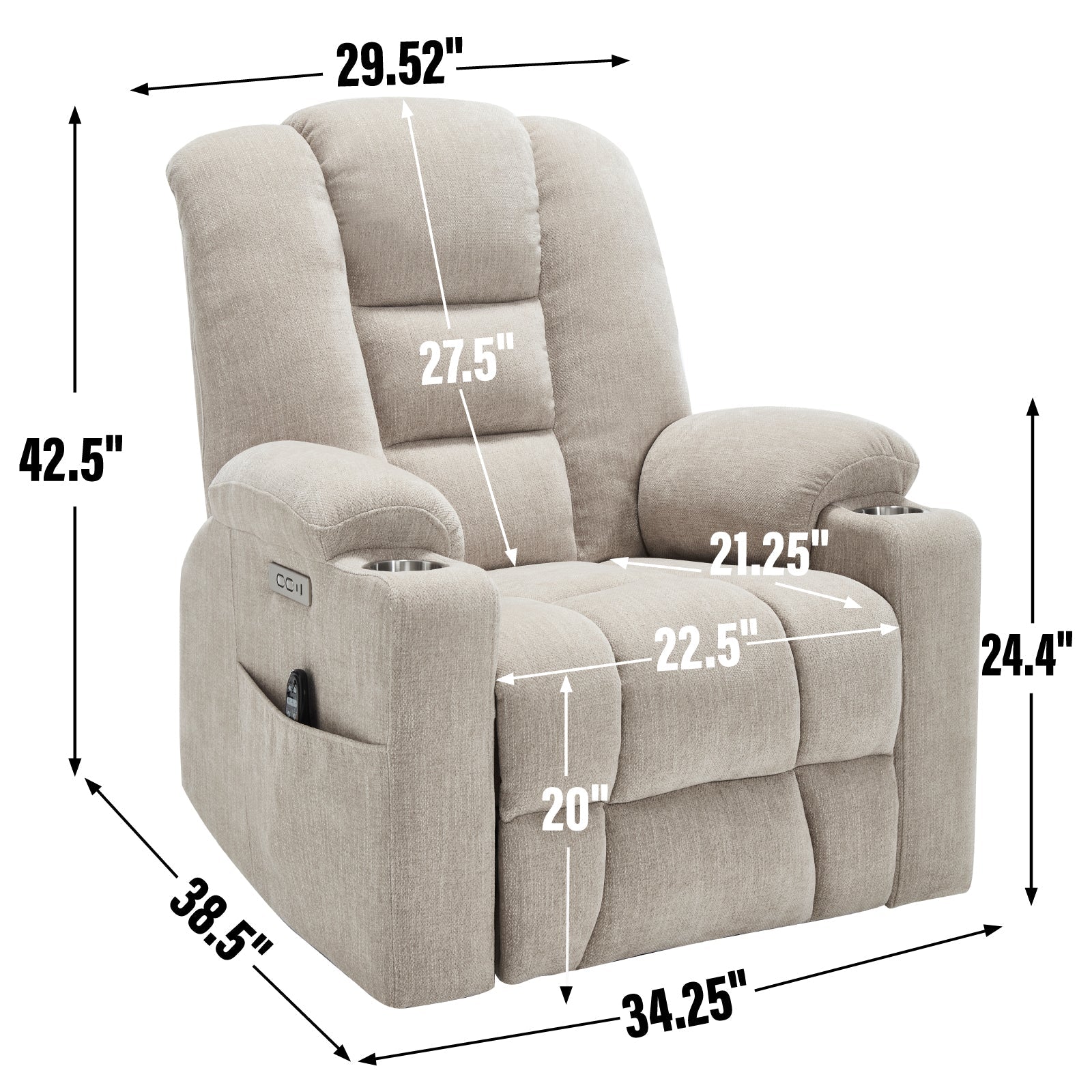 Power Lift Recliner Chair with Massage and Heat for Elderly, Overstuffed Wide Recliners, Heavy Duty Motion Mechanism with USB and Type C Ports, 2 Steel Cup Holders, Beige