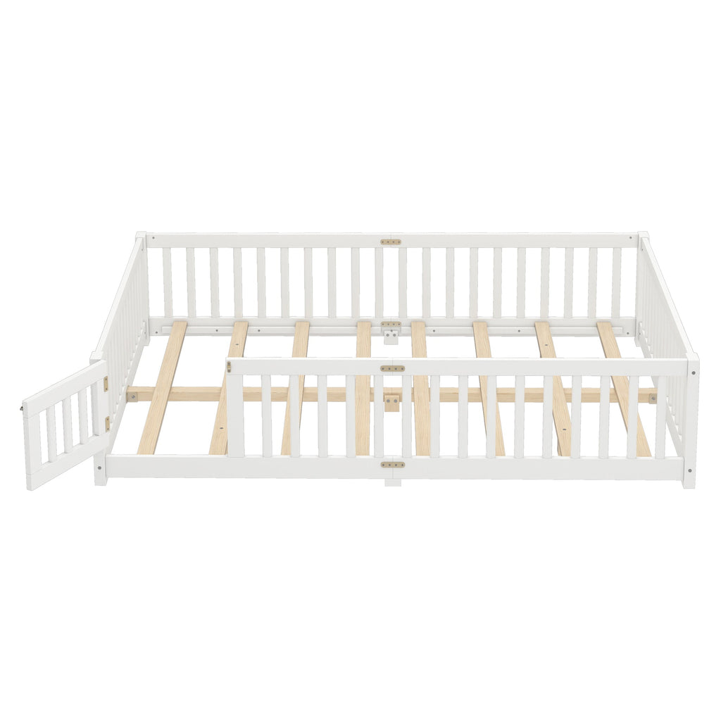 Queen Size Bed Floor Bed with Safety Guardrails and Door for Kids, White(Old SKU:  W1580P154628 )