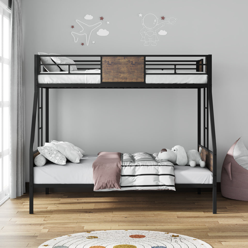 Twin Over Full Bunk Beds, Metal Bunk Bed Frame with Safety Guardrail and 2 Ladder for Kids,Sturdy Metal Frame and Protective Board Supports, No Box Spring Needed, Easy Assembly