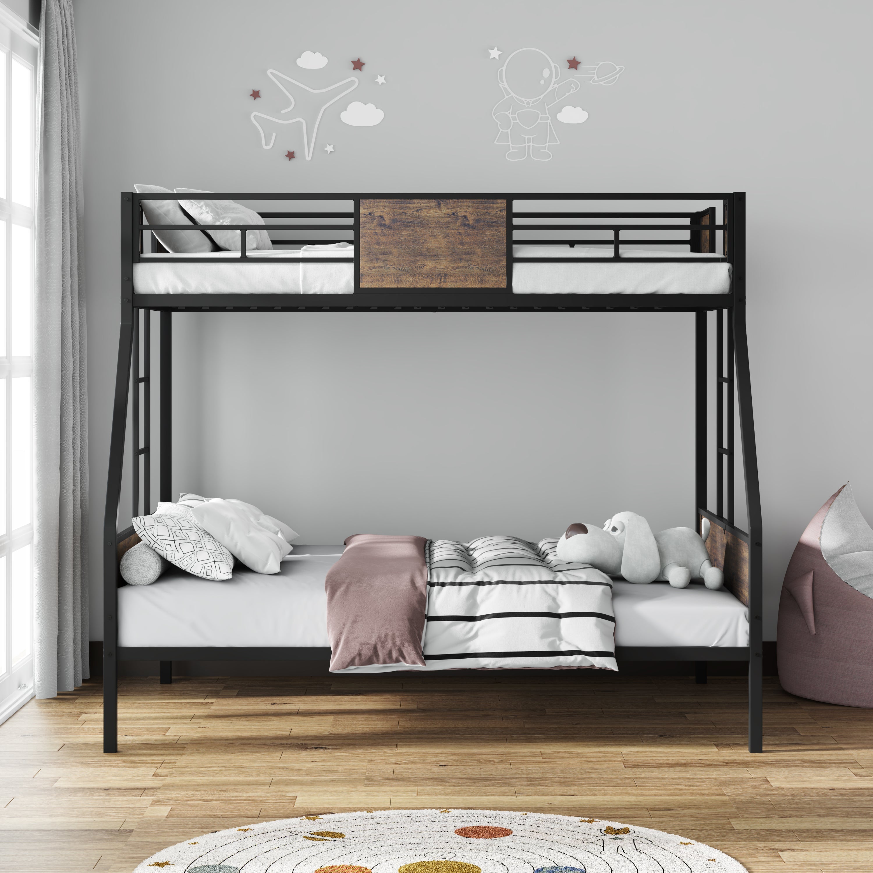 Twin Over Full Bunk Beds, Metal Bunk Bed Frame with Safety Guardrail and 2 Ladder for Kids,Sturdy Metal Frame and Protective Board Supports, No Box Spring Needed, Easy Assembly
