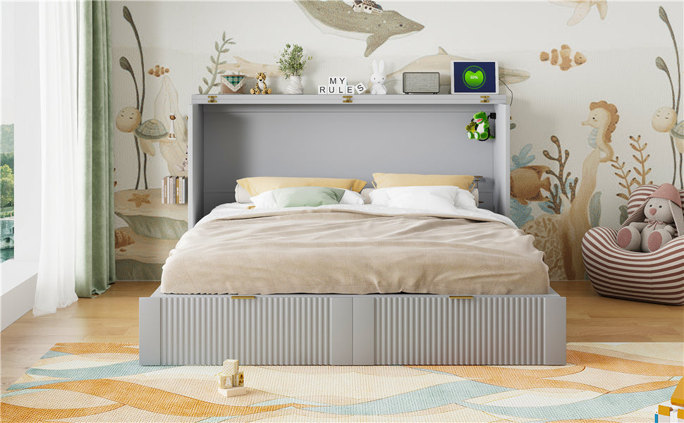 Queen Size Murphy  Bed with drawer and a set of Sockets & USB Ports, Pulley Structure Design, Gray