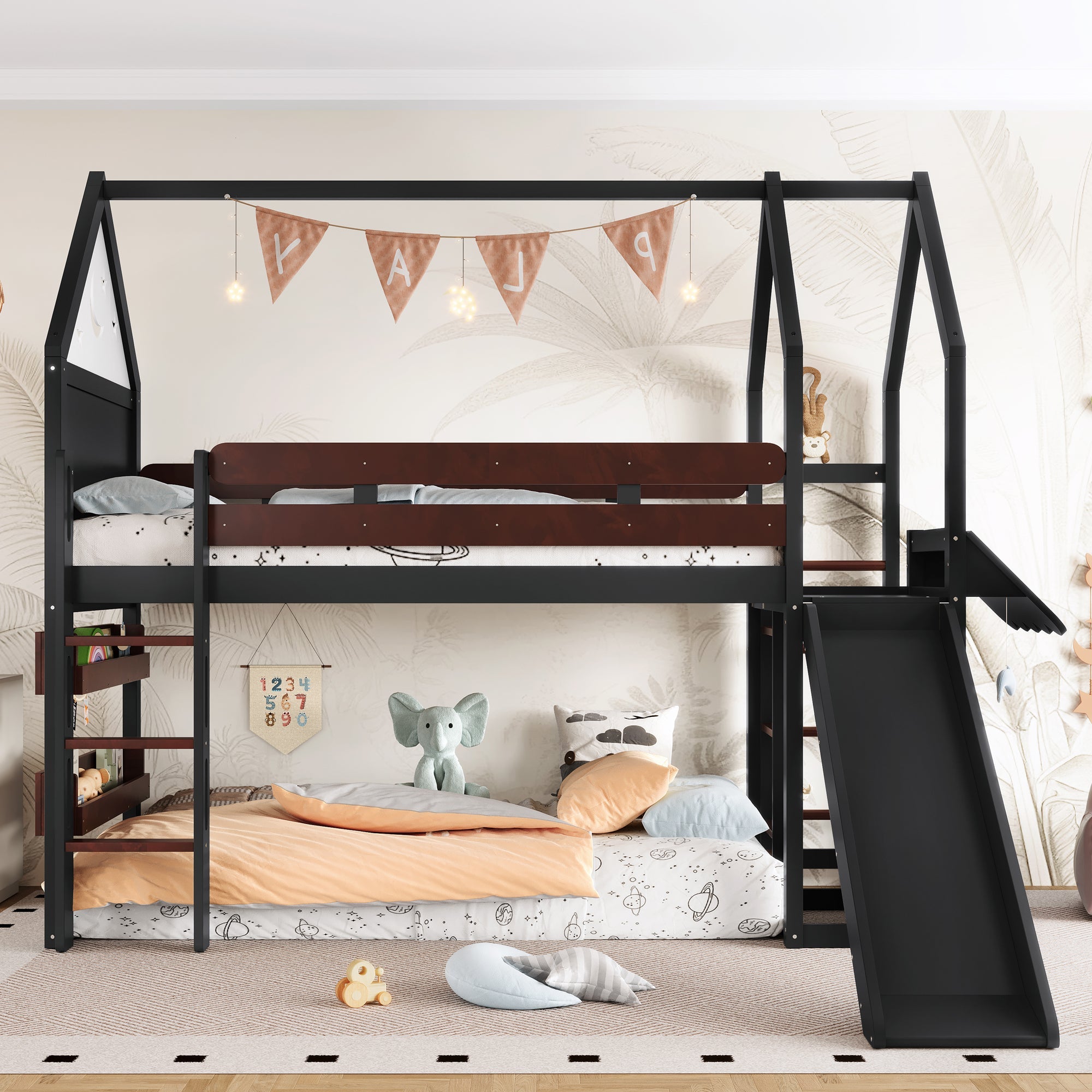 Twin Size Loft Bed with Bookshelf Playful Design for Kids House-Shaped Structure with Slide High-Quality Safety Rails,Beige/Natural /Black