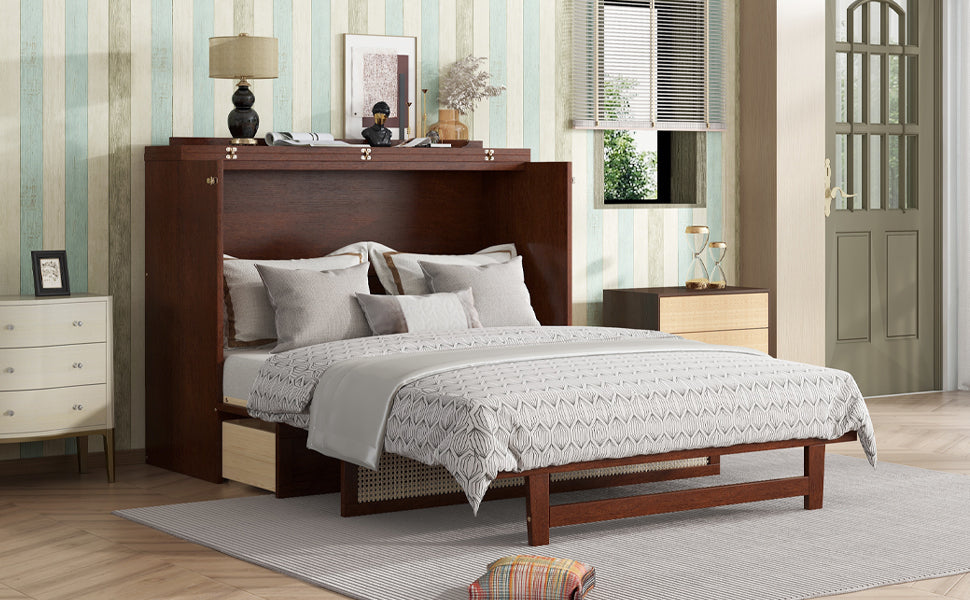 Queen Size Murphy Bed, Pine Wood Cabinet Bed with Rattan Decoration and Storage Drawer,Walnut