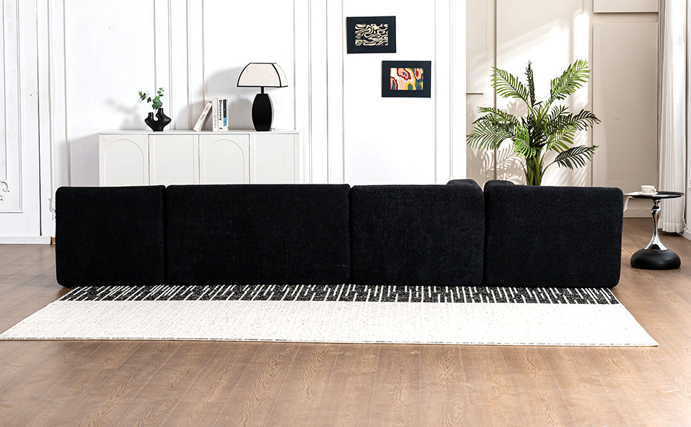 144' Upholstered Sofa Free-combined Sofa Couch with Two Chaise Lounge and Five Back Pillows for Living Room(Old SKU: N719S001600B), Black