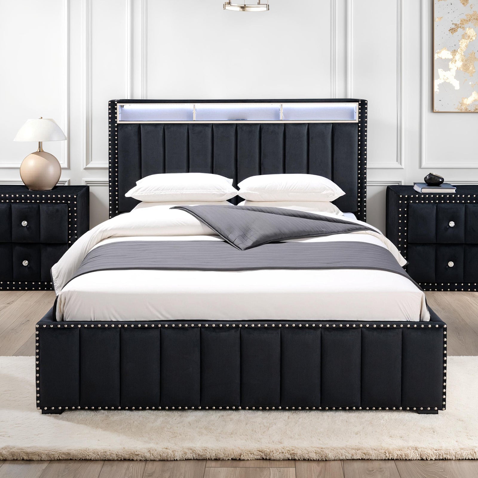 Full Size Bed And 2x Nightstands Bedroom Furniture Luxury Look Black Fabric Upholstered Bedframe w LED Nailhead Trim 3pc Bedroom Set