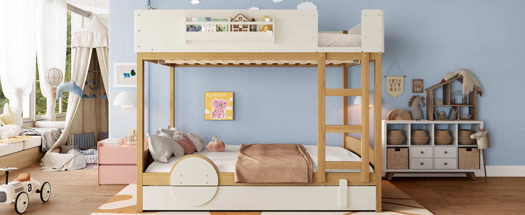 Queen Bunk Bed with Trundle , Wood Bunk Bed Frame with Built-in Bookshelf and High-quality Safety Guardrail,Automobile Form Design for Kids,Natural＆Beige