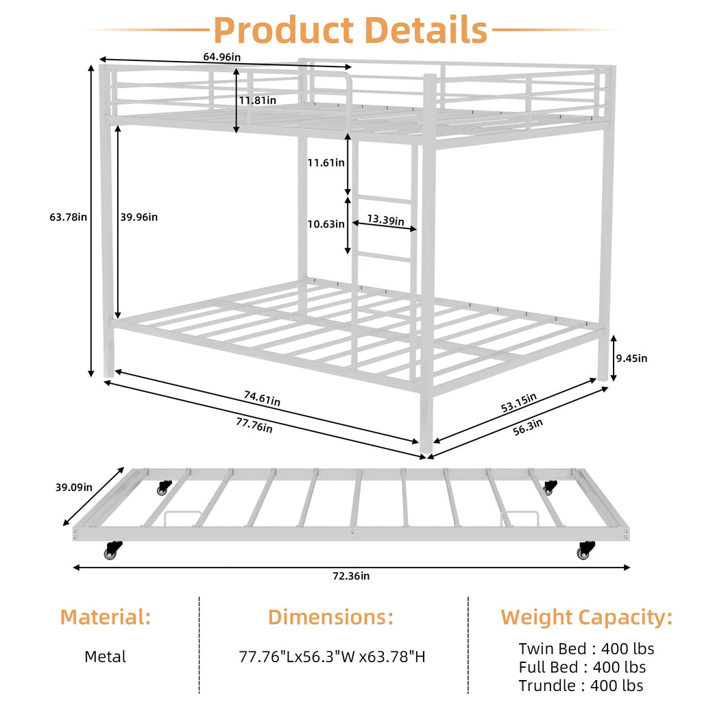 Durable Square Tube Iron Bunk Bed Featuring Safety Rails, Modern Minimalist Look, Ideal for Kids Room, Guest Room or Shared Space, Easy Assembly & Long - Lasting Performance-Full size: 137cm × 190cm