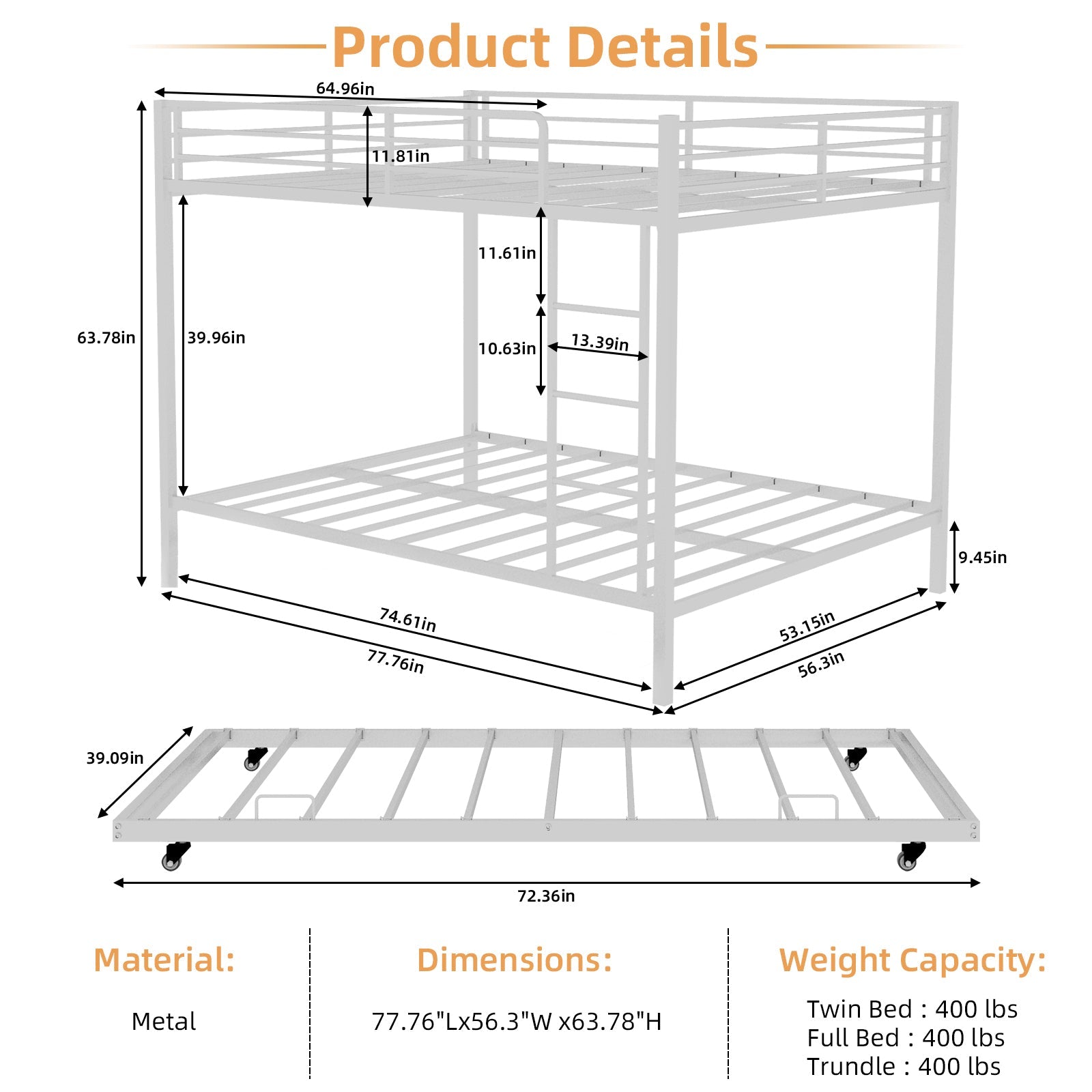 Durable Square Tube Iron Bunk Bed Featuring Safety Rails, Modern Minimalist Look, Ideal for Kids Room, Guest Room or Shared Space, Easy Assembly & Long - Lasting Performance-Full size: 137cm × 190cm