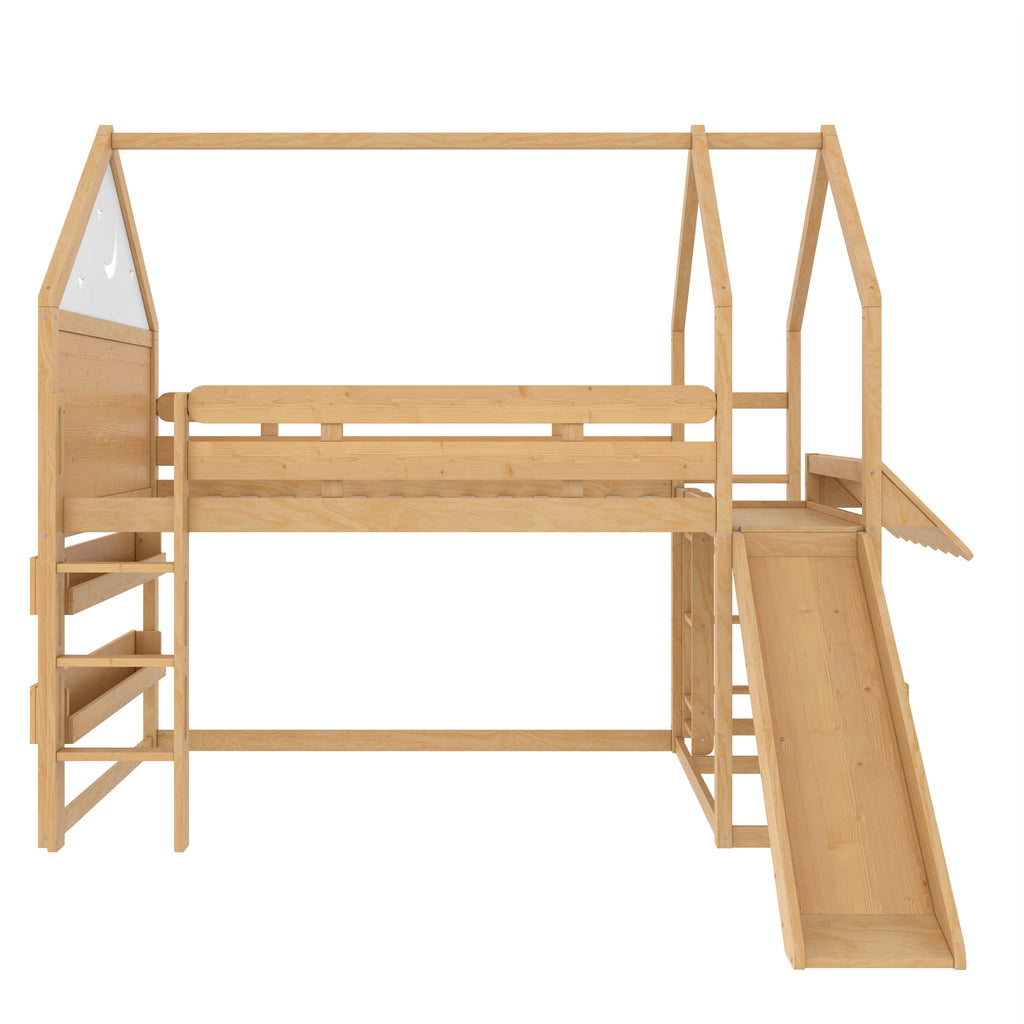 Full Size Loft Bed with Bookshelf Playful Design for Kids House-Shaped Structure with Slide High-Quality Safety Rails,Natural