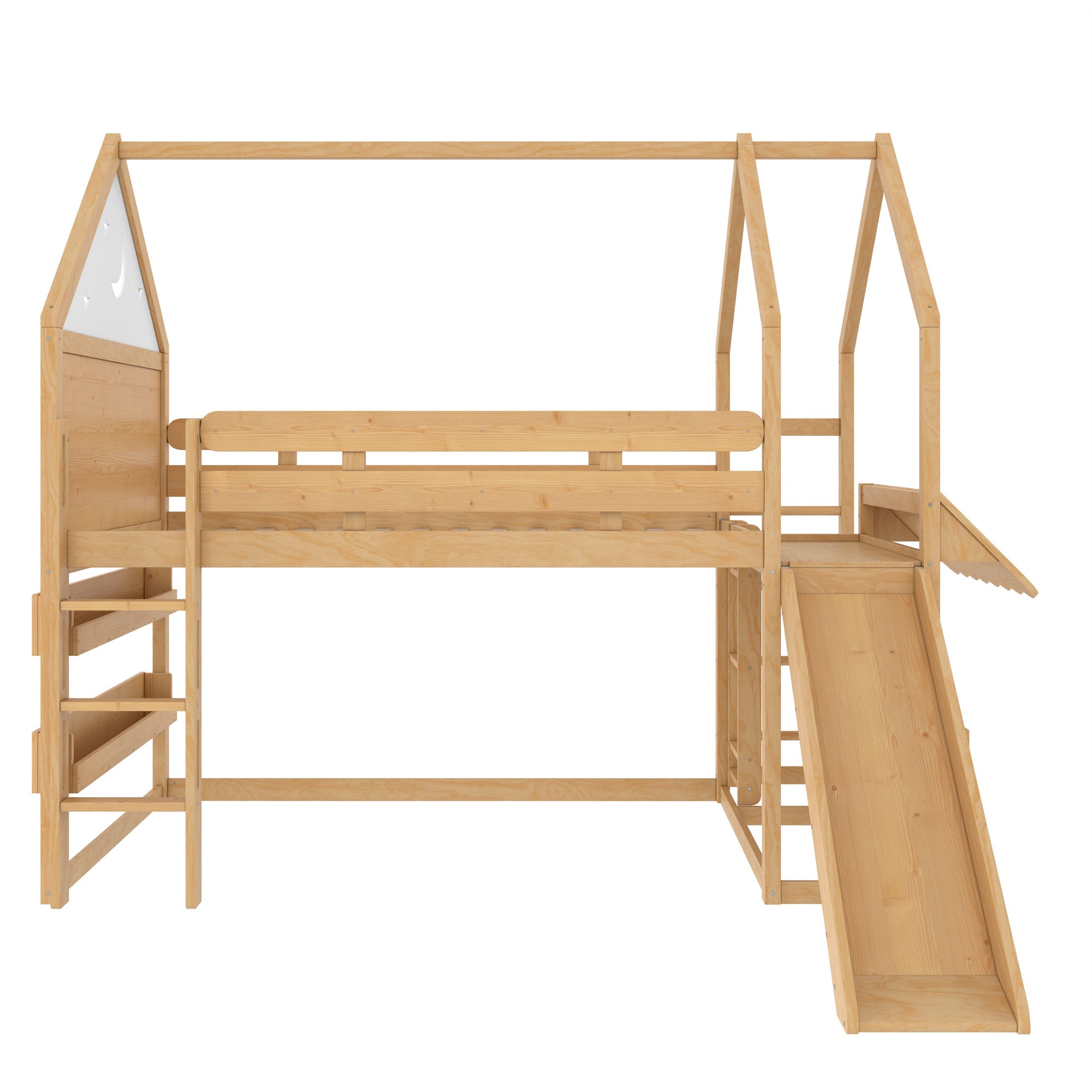 Full Size Loft Bed with Bookshelf Playful Design for Kids House-Shaped Structure with Slide High-Quality Safety Rails,Natural