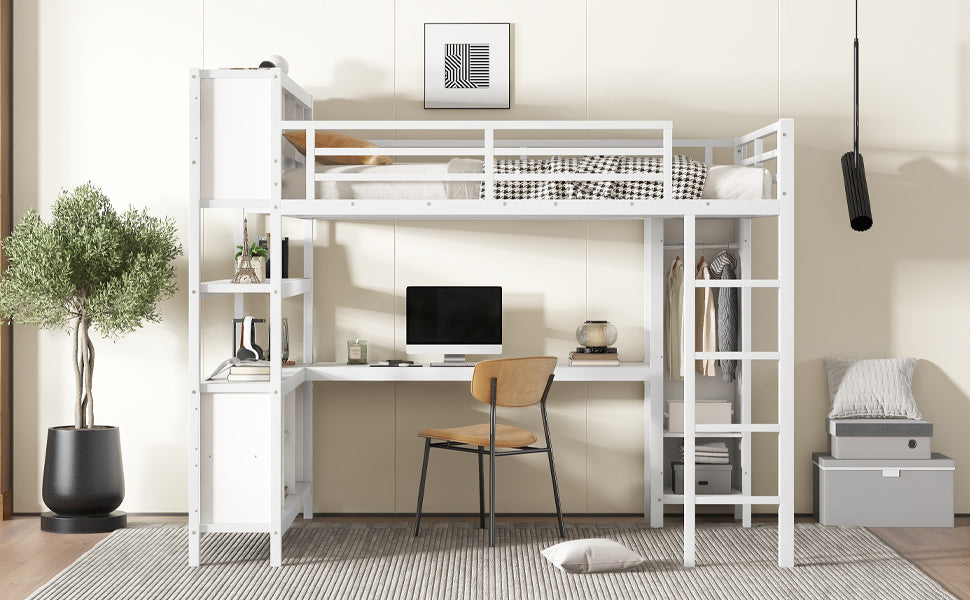 Metal Loft Bed with Wardrobe And L-shaped Desk, Queen Size Loft Bed with Storage Cubes and Shelves, Heavy Duty Loft Bed for Kids Teens Adults, White