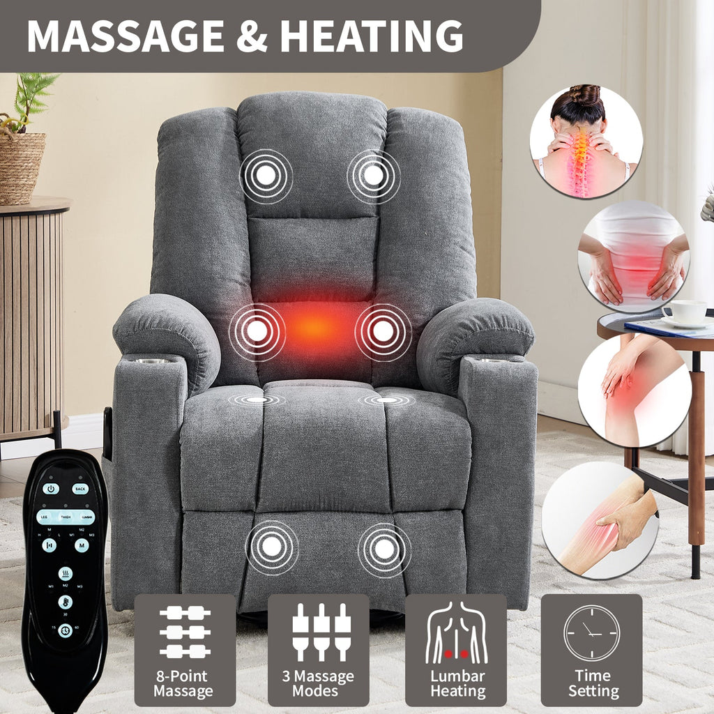 Lift Recliner Chair with Massage and Heat for Elderly, Overstuffed Wide Recliners, Heavy Duty Motion Mechanism with USB and Type C Ports, 2 Steel Cup Holders, Blue Grey