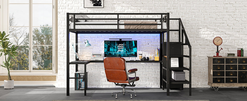 Full Size Loft Bed with L-shaped Desk and USB, Metal Loft Bed with Wardrobe and Adjustable Shelf, High Loft Bed with LED for Kids Teens Adults, Black