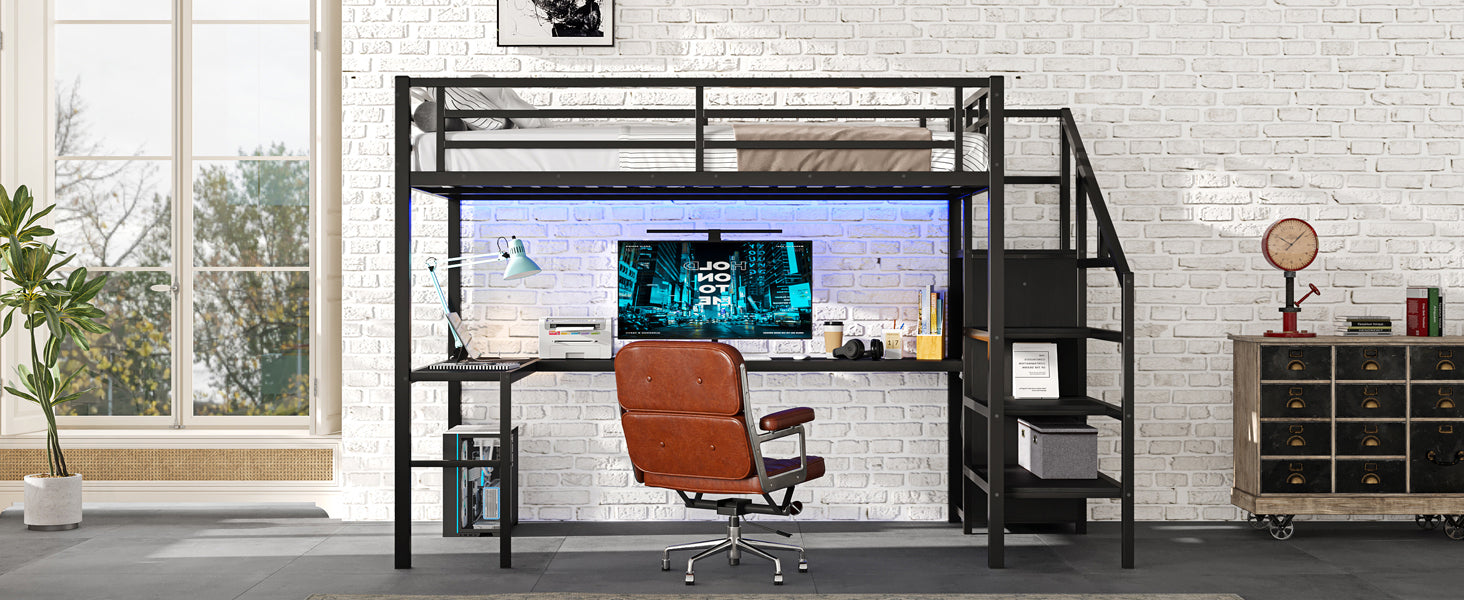 Full Size Loft Bed with L-shaped Desk and USB, Metal Loft Bed with Wardrobe and Adjustable Shelf, High Loft Bed with LED for Kids Teens Adults, Black