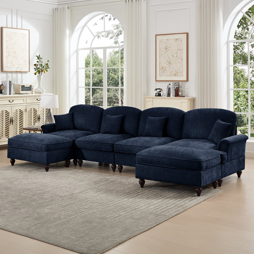 Classic U Shape 4 Seater Modular Sectional Sofa Couch with Flared Arms and Removable Ruffles Pleats Skirts and Spindle Legs, Chenille Deep Seat Cloud Sofa with Movable Ottomans, Blue