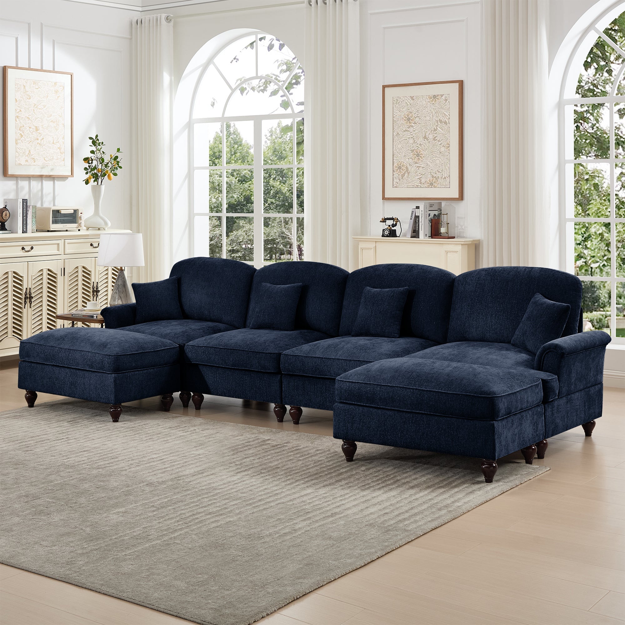 Classic U Shape 4 Seater Modular Sectional Sofa Couch with Flared Arms and Removable Ruffles Pleats Skirts and Spindle Legs, Chenille Deep Seat Cloud Sofa with Movable Ottomans, Blue