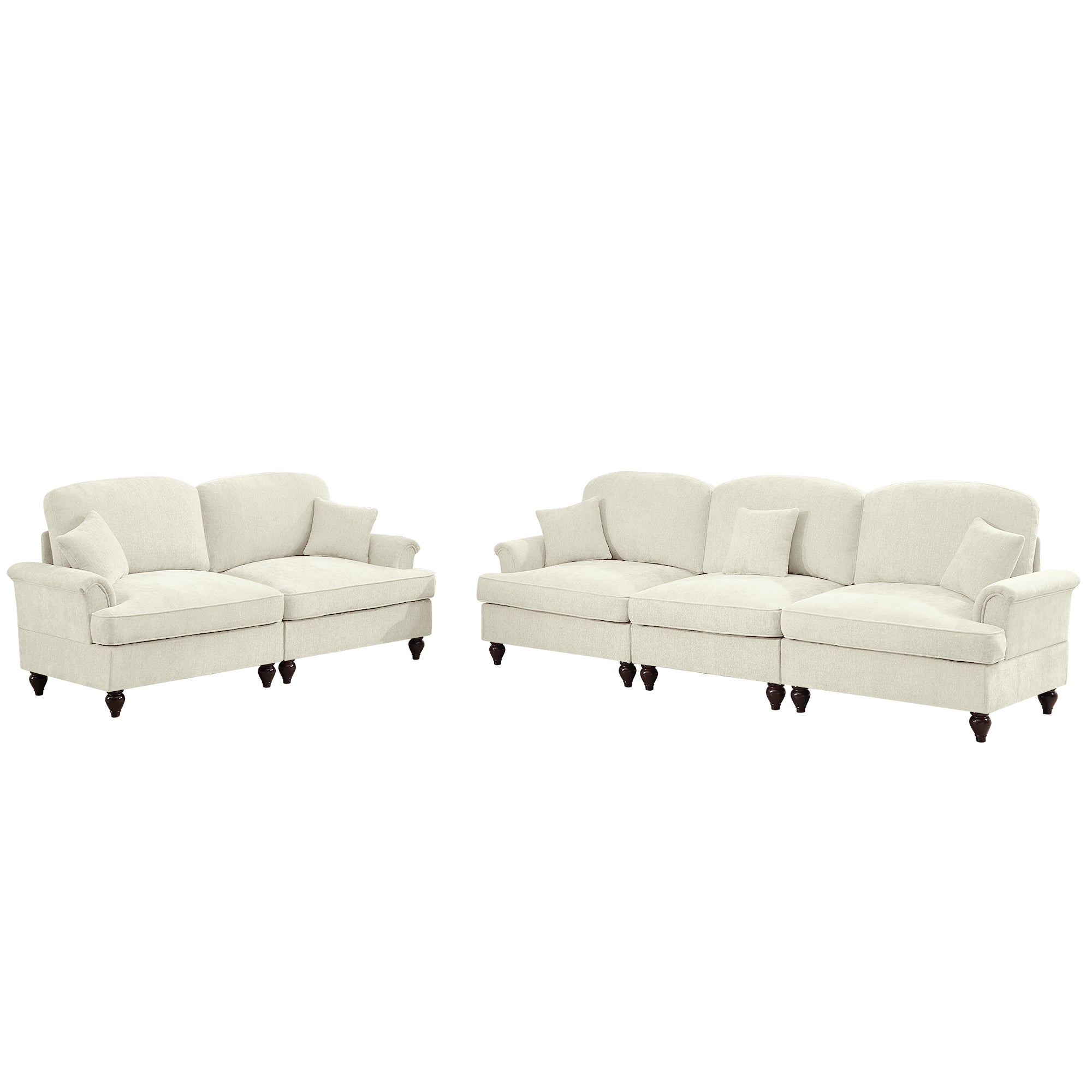 Classic 2 Piece Modular Couch Living Room Sofa Set with Flared Arms and Removable Ruffles Pleats Skirts and Spindle Legs, 3 Seater Sofa + 2-Seat Loveseat Sofa Sets for Living Room, Beige White