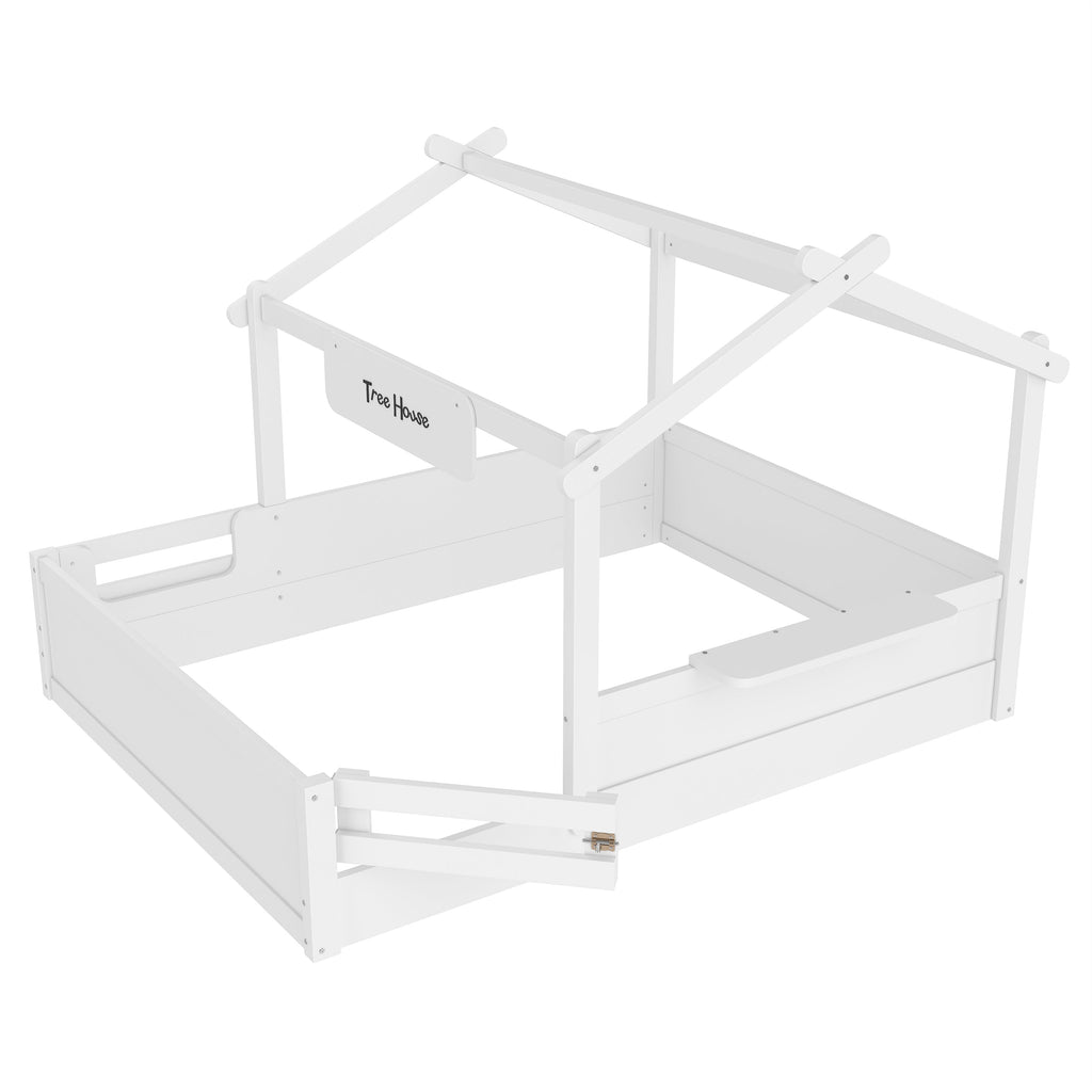 Full Size Floor Bed with Guardrails and Roof, Kids House Floor Bed with a Small Built-in Tray and Free-installed Signboard, Childlike Design, White