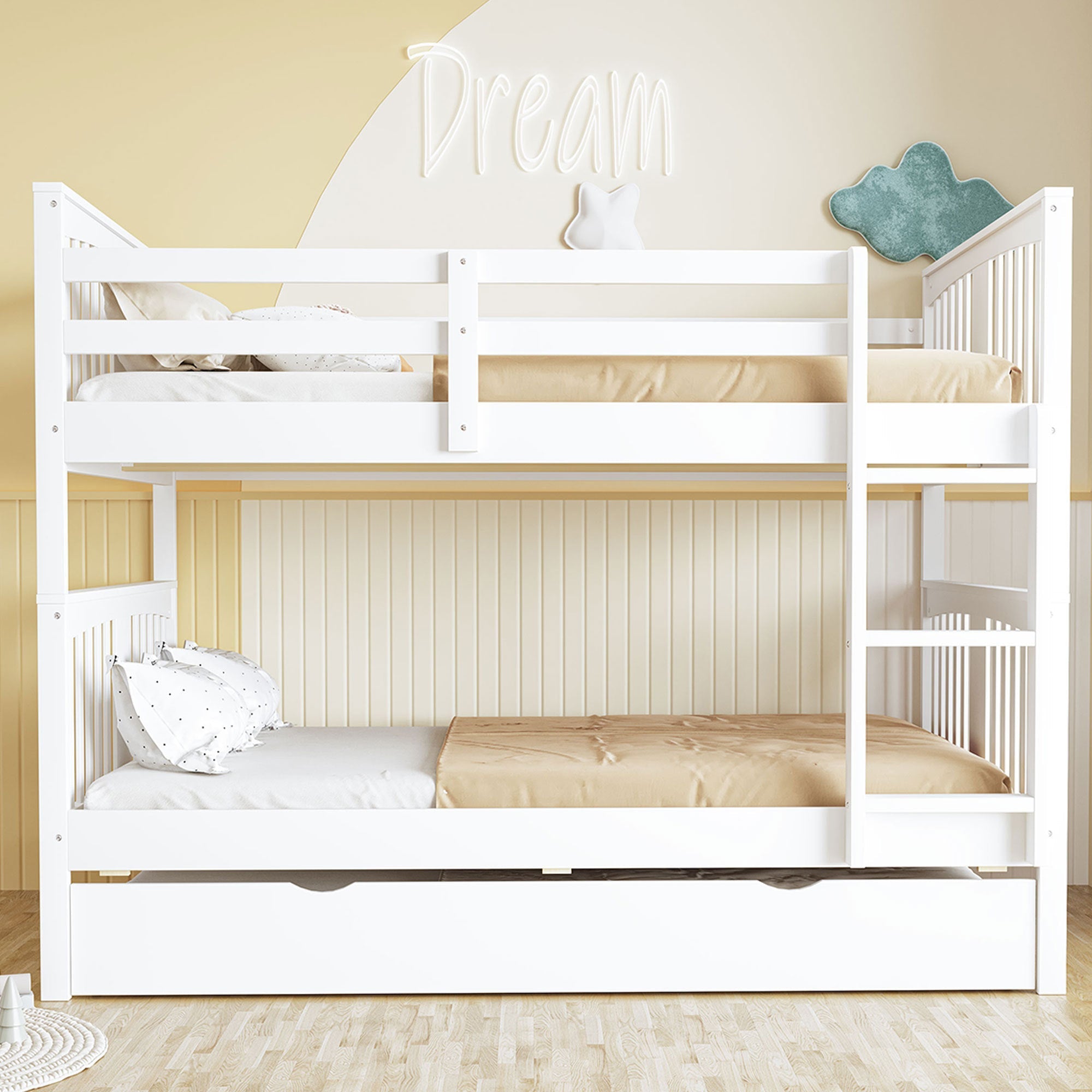 Full over Full Bunk Bed with Twin Size Trundle and Ladder-White(Old SKU: LT000204AAK)