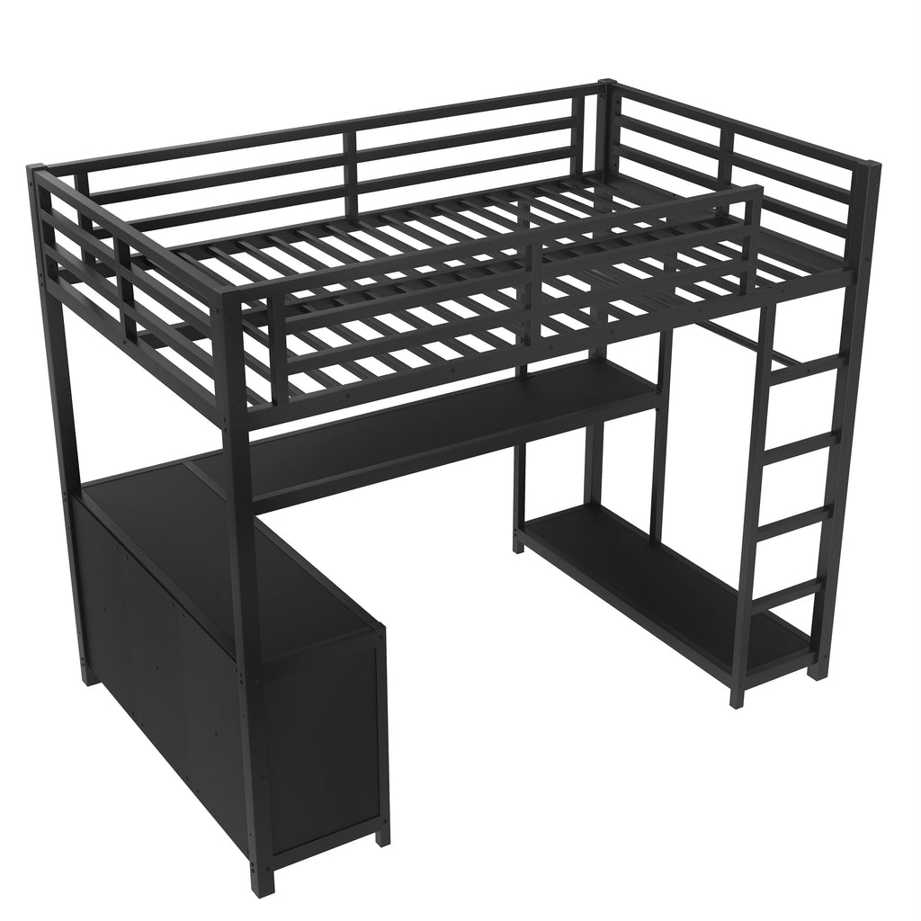 Metal Loft Bed with Wardrobe and L-shaped Desk, Twin Size Loft Bed with Storage Cubes and Shelves, Loft Bed for Kids Teens Adults, Black