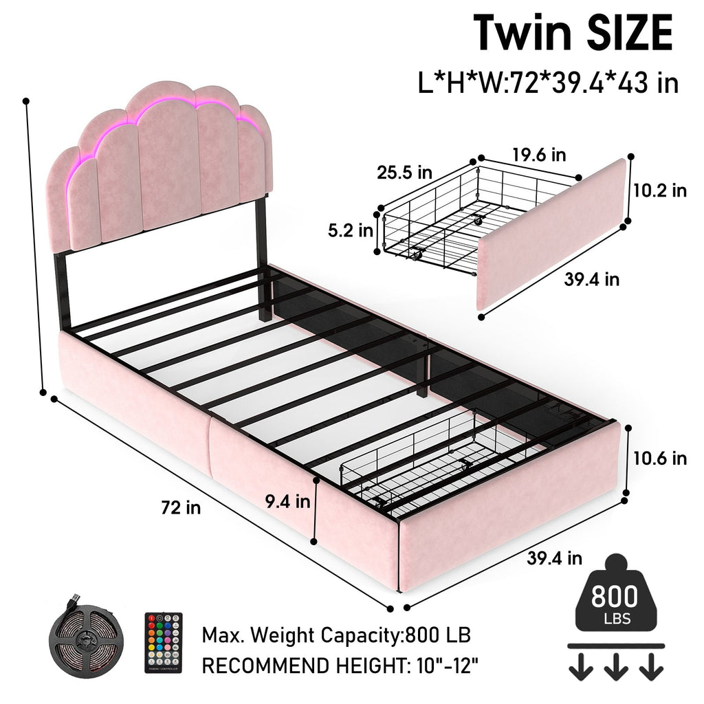 Velvet Petal Platform Bed with RGB LED Lights & Storage Drawers, Pink Wood+Metal Design, 72' L x 43' W x 39' H